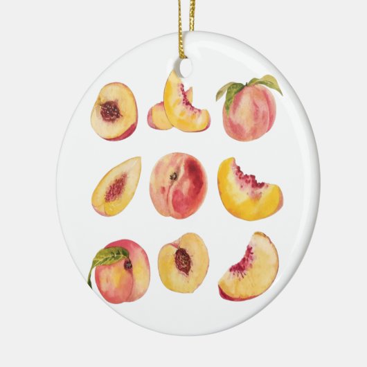 Waterverf en kleurrijke verse perzikplakjes, keramisch ornament (Links)