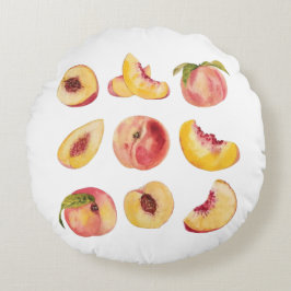 Waterverf en kleurrijke verse perzikplakjes, rond kussen