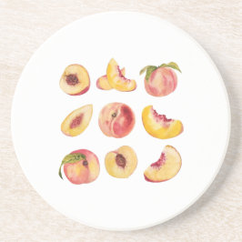 Waterverf en kleurrijke verse perzikplakjes, zandsteen onderzetter