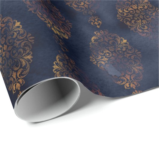 Waterverf en koper Patina Damask Pattern Cadeaupapier (Rol Hoek)