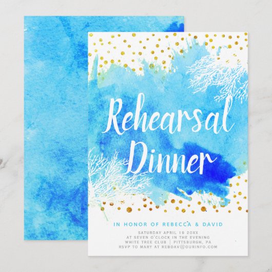 Waterverf- en koraalrif-trouwrepetitie diner kaart (Voorkant / Achterkant)