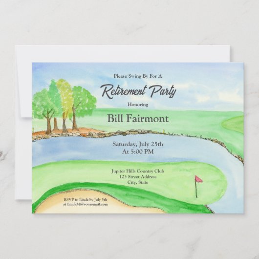 Waterverf en Pen Golfbaan Pensioenfeest Kaart (Voorkant)