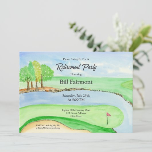 Waterverf en Pen Golfbaan Pensioenfeest Kaart (Staand voorkant)