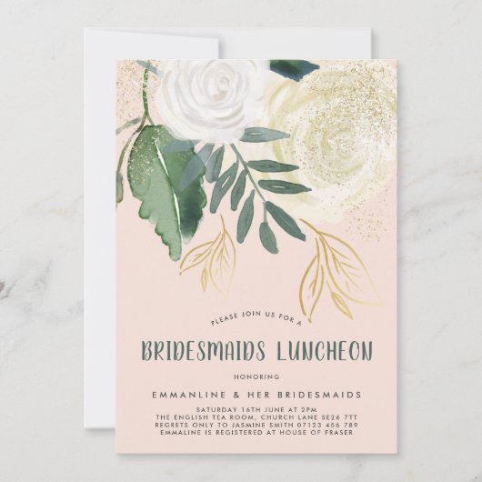 Waterverf en Rozen van Glitter Bridesmaids Luncheo Kaart (Voorkant)