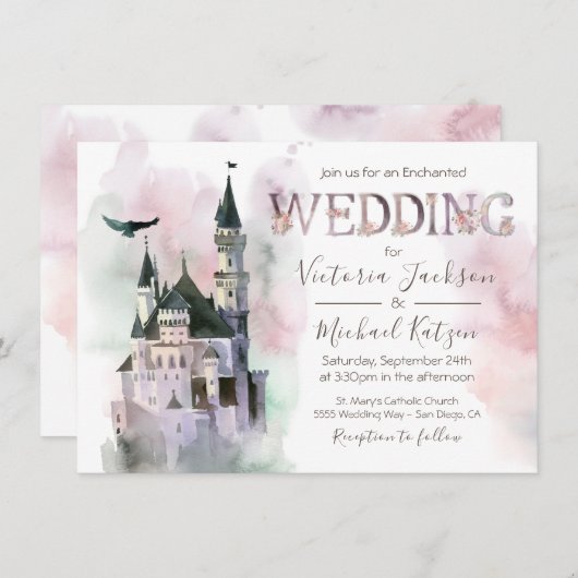 Waterverf Enchanted Castle Wedding Invitation Kaart (Voorkant / Achterkant)