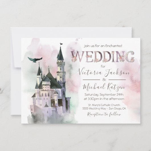 Waterverf Enchanted Castle Wedding Invitation Kaart (Voorkant)