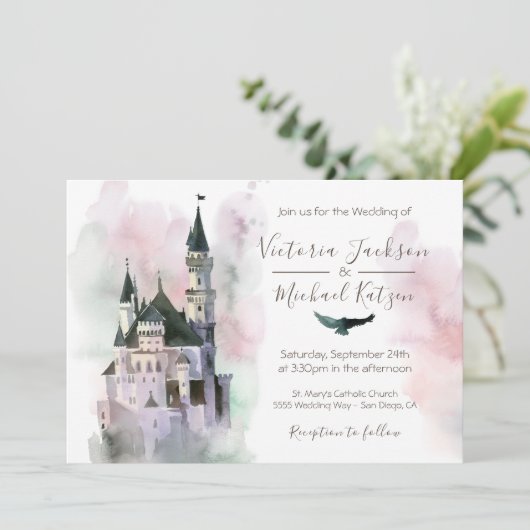 Waterverf Enchanted Castle Wedding Invitation Kaart (Staand voorkant)