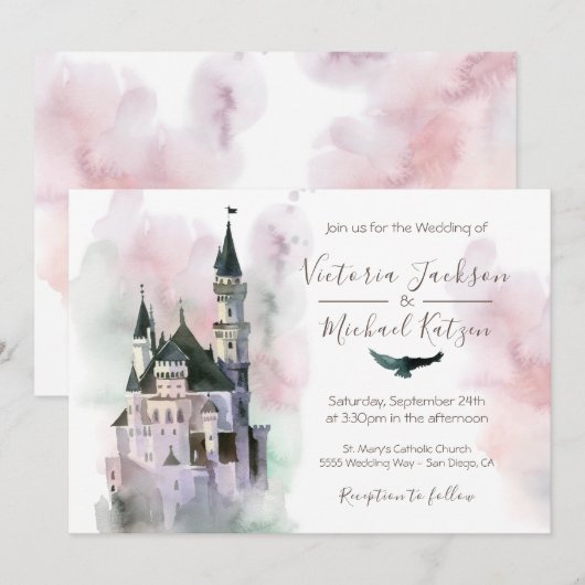 Waterverf Enchanted Castle Wedding Invitation Kaart (Voorkant / Achterkant)