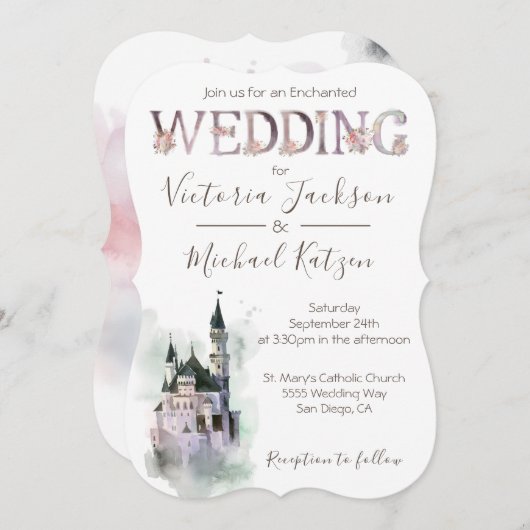 Waterverf Enchanted Castle Wedding Invitation Kaart (Voorkant / Achterkant)