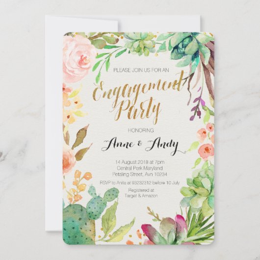 Waterverf Engagement Party nodigt Boho Succulents  Kaart (Voorkant)
