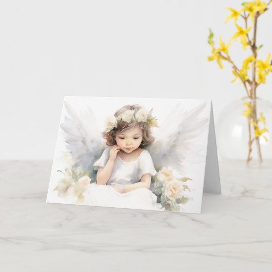 Waterverf Engel Meisje voor de Doop Kaart (Gele Bloem)