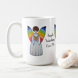 Waterverf engel met regenboogvleugels die een boek koffiemok