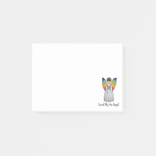 Waterverf engel met regenboogvleugels die een boek post-it® notes