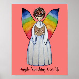 Waterverf engel met regenboogvleugels die een boek poster