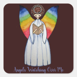 Waterverf engel met regenboogvleugels die een boek vierkante sticker