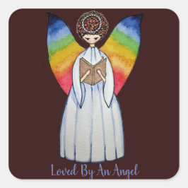 Waterverf engel met regenboogvleugels die een boek vierkante sticker