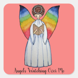 Waterverf engel met regenboogvleugels die een boek vierkante sticker