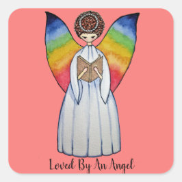 Waterverf engel met regenboogvleugels die een boek vierkante sticker