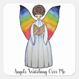 Waterverf engel met regenboogvleugels die een boek vierkante sticker