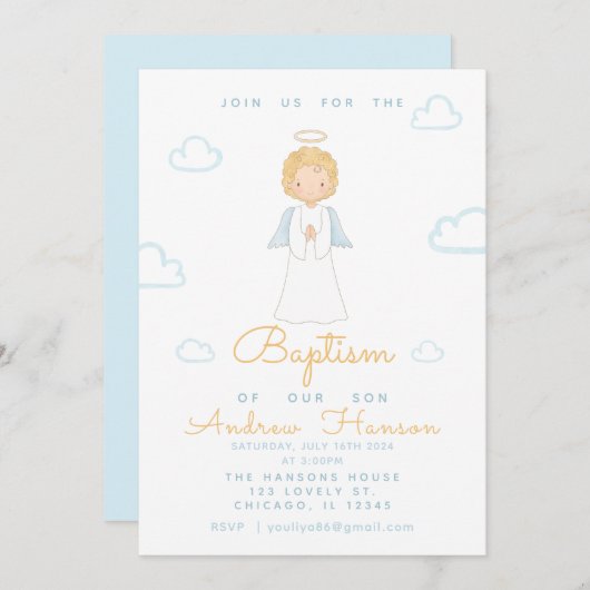 Waterverf Engel Religieus Doopsel Blauw Kaart (Voorkant / Achterkant)