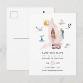 Waterverf Engeland UK London Destination Wedding Aankondigingskaart (Voorkant / Achterkant)