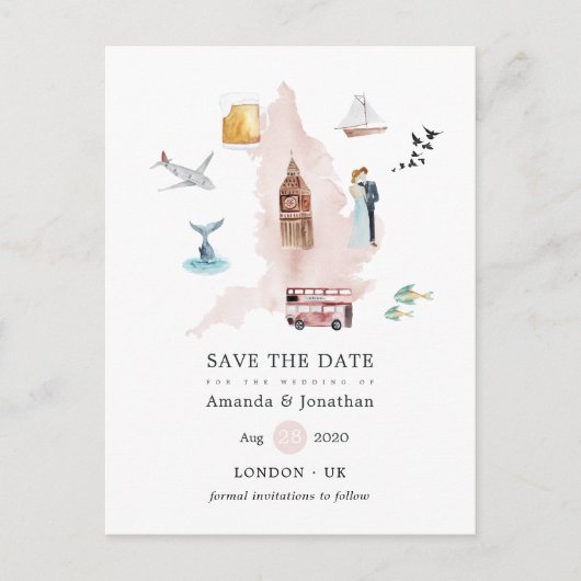 Waterverf Engeland UK London Destination Wedding Aankondigingskaart (Voorkant)