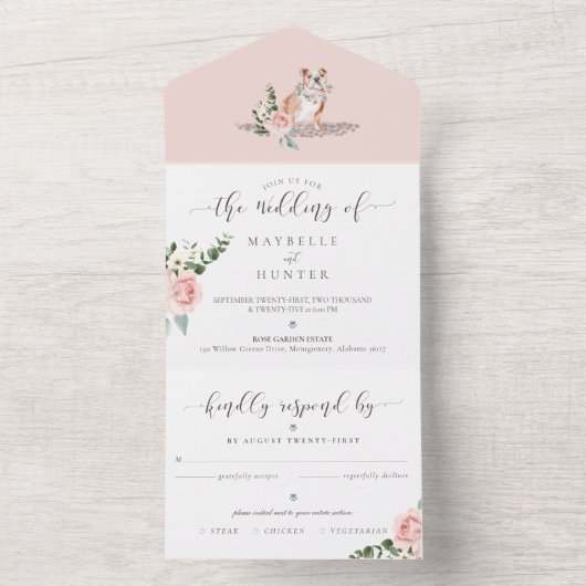 Waterverf Engels Bulldog Dog & Floral Pink Rose All In One Uitnodiging (Binnen)