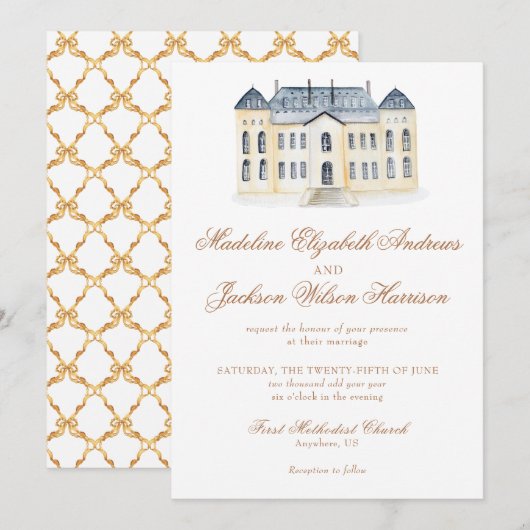 Waterverf Engels Manor Estate Bruiloft Kaart (Voorkant / Achterkant)