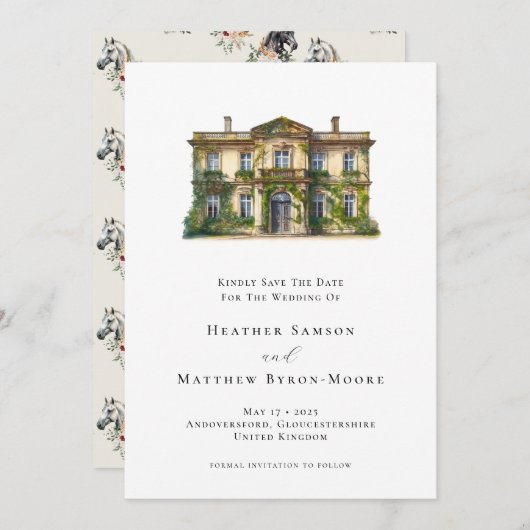 Waterverf Engels Manor Ruiterbruiloft Save The Date (Voorkant / Achterkant)