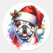 Waterverf Engelse Bulldog in Santa Hat Ronde Sticker (Voorkant)
