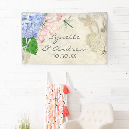 Waterverf Engelse Garden Hydrangea w Dragonflies Spandoek (Insitu)