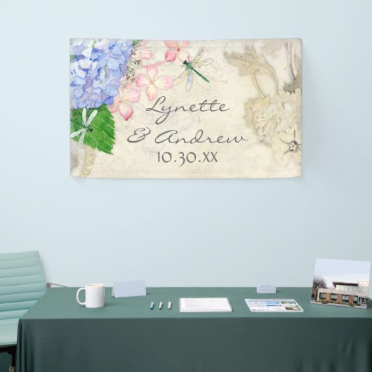 Waterverf Engelse Garden Hydrangea w Dragonflies Spandoek (Beurs)