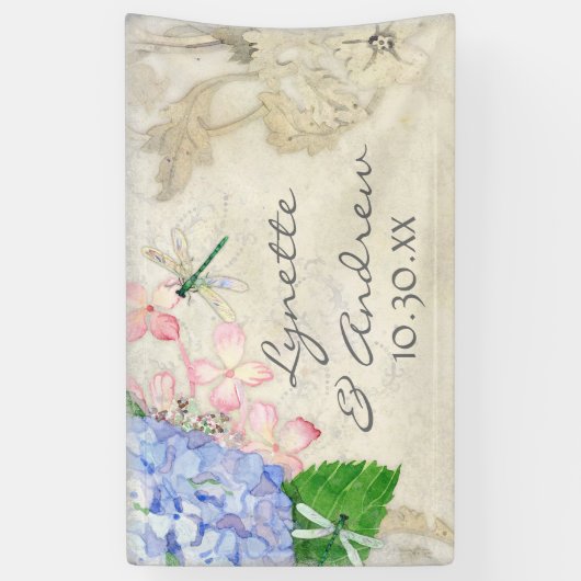 Waterverf Engelse Garden Hydrangea w Dragonflies Spandoek (Verticaal)