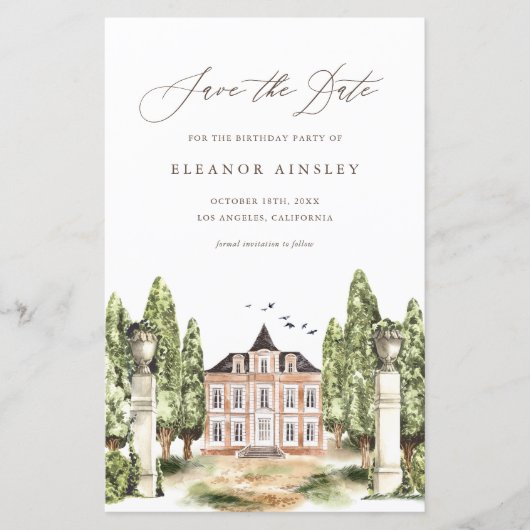 Waterverf Engelse manor Birthday Save the Date (Voorkant)