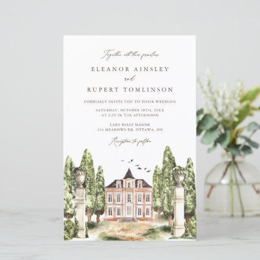 Waterverf Engelse Manor House Wedding Invitation (Staand voorkant)