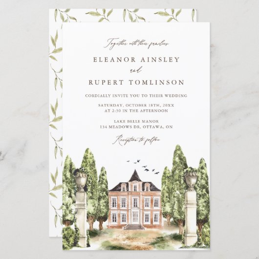 Waterverf Engelse Manor House Wedding Invitation (Voorkant / Achterkant)