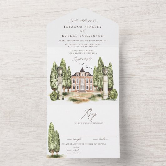  Waterverf Engelse Manor Wedding All In One Uitnodiging (Binnen)