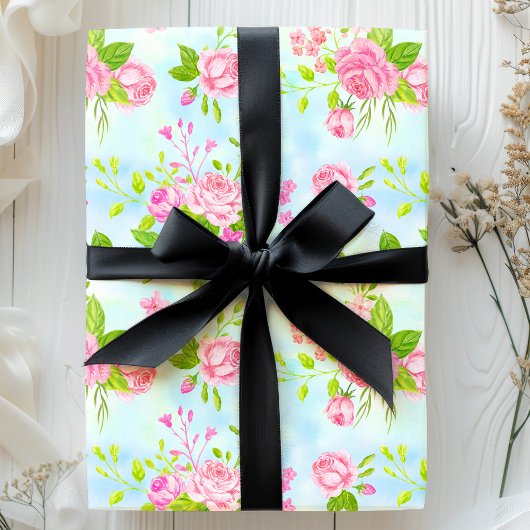 Waterverf Engelse Rozen Bloemen op Blauw Cadeaupapier