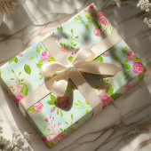 Waterverf Engelse Rozen Bloemen op Blauw Cadeaupapier