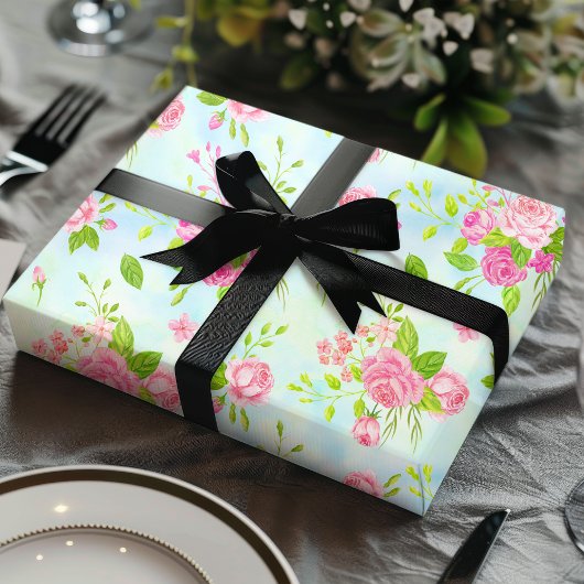 Waterverf Engelse Rozen Bloemen op Blauw Cadeaupapier