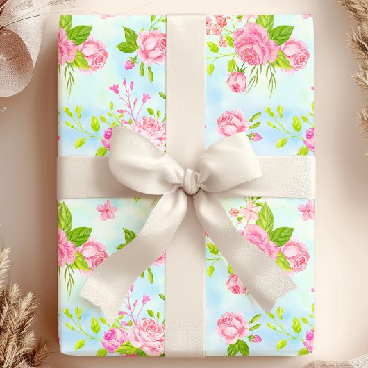 Waterverf Engelse Rozen Bloemen op Blauw Cadeaupapier