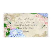 Waterverf Engelse tuin, blauw n roze hydrangeas Etiket (Voorkant)