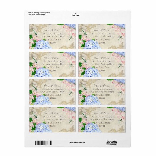 Waterverf Engelse tuin, blauw n roze hydrangeas Etiket (Full Sheet)