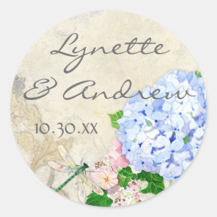 Waterverf Engelse tuin, blauw n roze hydrangeas Ronde Sticker