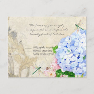 Waterverf Engelse tuin, blauw n roze hydrangeas RSVP Kaartje