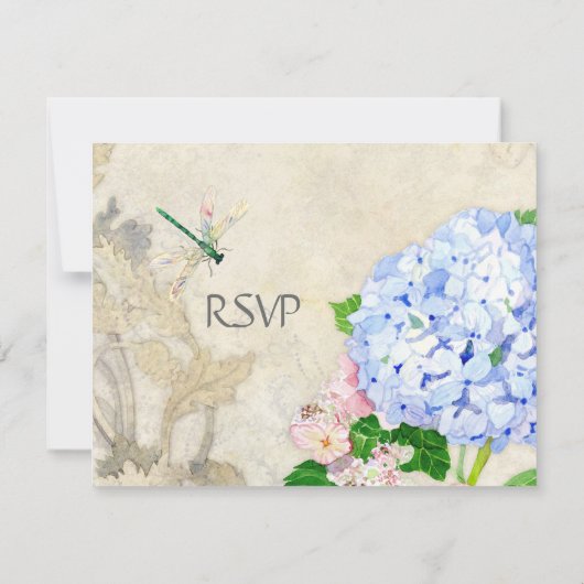 Waterverf Engelse tuin, blauw n roze hydrangeas RSVP Kaartje (Achterkant)