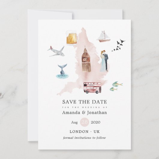Waterverf England United Kingdom Wedding Save The Date (Voorkant)