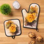 Waterverf Enkelvoudige Gele Rose Ovenwant & Pannenlap Set (Top down)