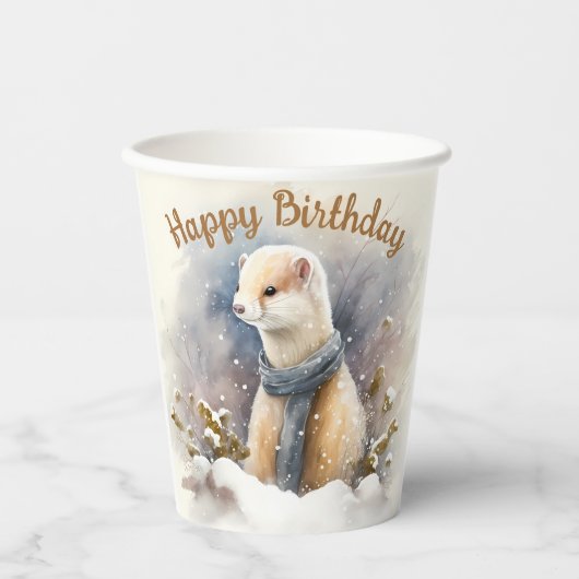 Waterverf Ermine Snowy Landscape Verjaardagsfeestj Papieren Bekers (Voorkant)