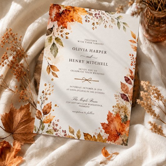 Waterverf Esdoornblad Rustieke Herfst Bruiloft Kaart